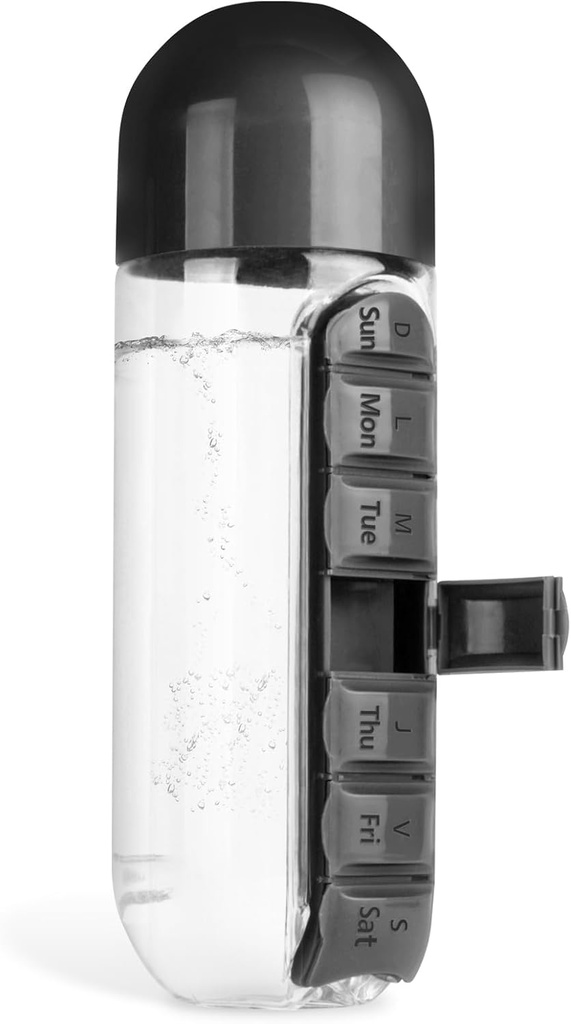Medicine Box Water Cup,2 σε 1 κουτί αποθήκευσης μπουκάλι νερού, 20 oz καθημερινή αθλητική φιάλη νερού με Pill Box Organizer 7 ημέρες κάψουλα Organizer, μαύρο