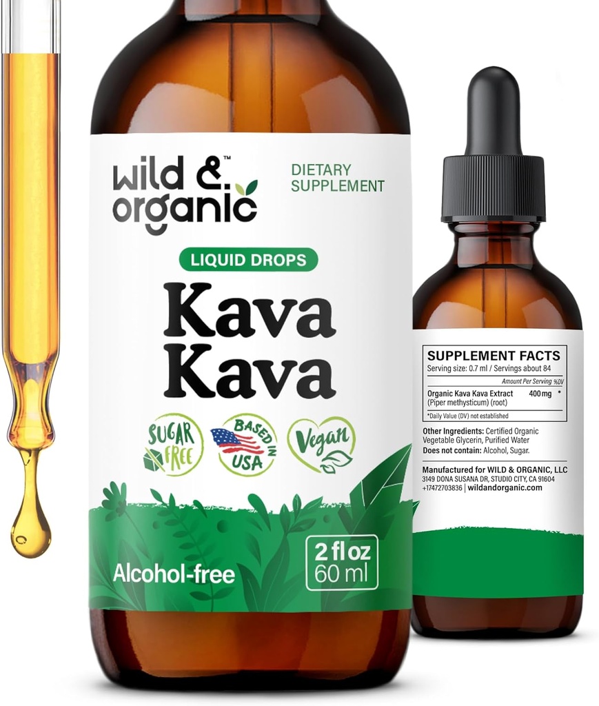 Wild & Organic Kava Kava Tincture 400 mg - Mood Support Supplement - Calming Root Extract Liquid Drops - 2-Month Supply - Vegan, Sugar & Alkol Ücretsiz Drops - 2 fl ozz