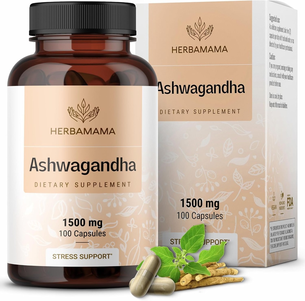 HERBAMAMA Ashwagandha Capsules - 1500 mg Pure Ashwagandha Root Focus Supplement - Vegan, Non-GMO Mood & Calm Support Supplement for Yetişkinler, 100 Caps
