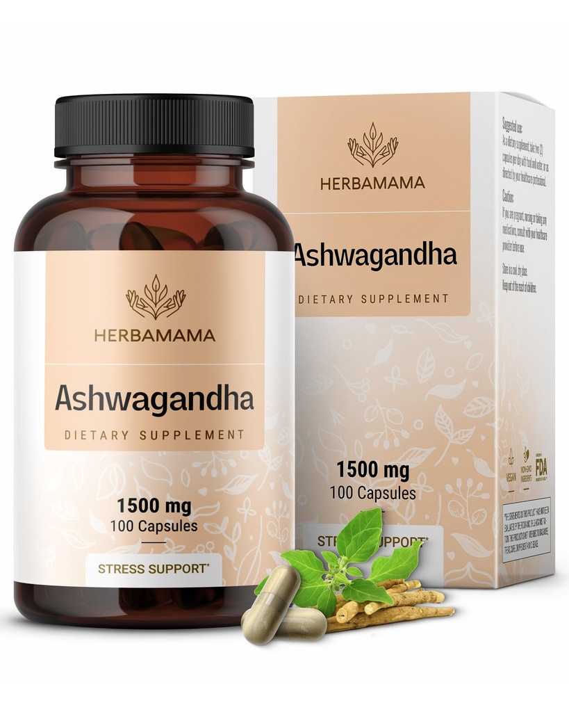 HERBAMAMA Ashwagandha Supplements for Stress Relief – 1500 mg Pure Ashwagandha Root for Calm & Relaxation – Vegan, Non-GMO Calming Supplements for Adults, 100 Capsules