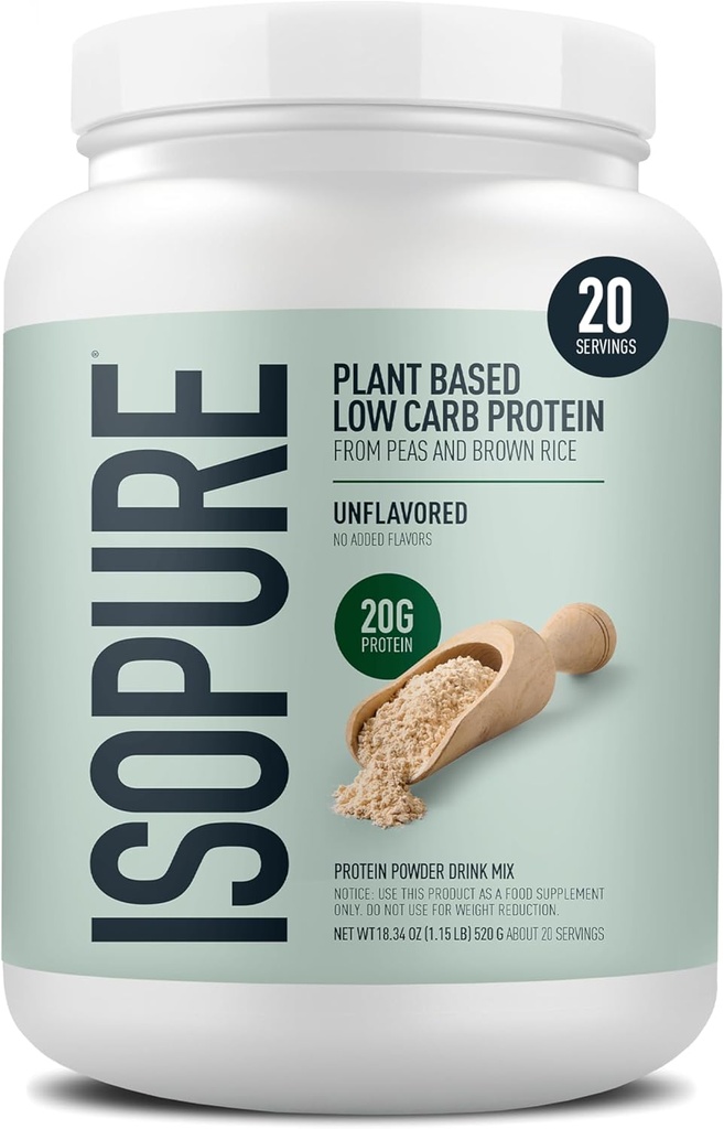 Isopure Plant-Based Protein Toz, Lactose Free, Gluten Free, With Iron, Unflavored, 20g Plant proteini, 1.15 Lbs, 20 Hizmetler
