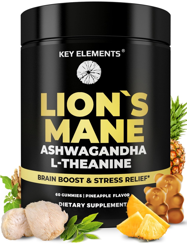 Εκχύλισμα υψηλής αντοχής Organic Lion's Mane Mushroom Gummies με Ashwagandha & L-Theanine - Potent Lion's Mane Brain Συμπληρώματα μνήμης & χαλάρωσης - Mushroom Gummies for Focus