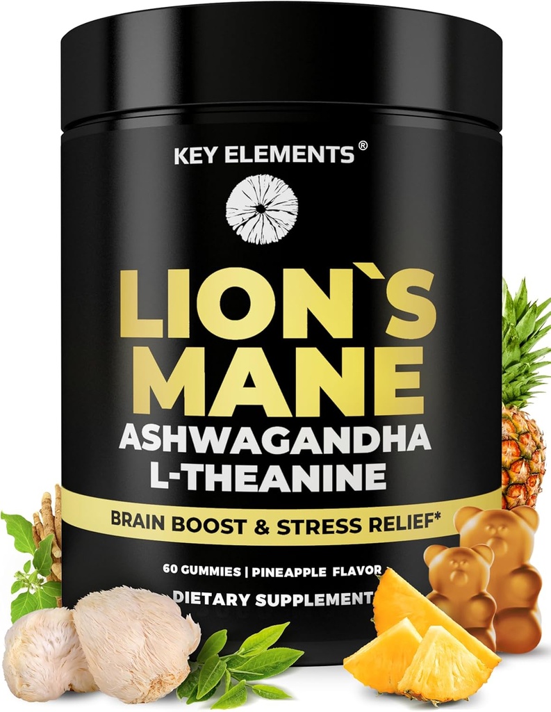Εκχύλισμα υψηλής αντοχής Organic Lion's Mane Mushroom Gummies με Ashwagandha & L-Theanine - Potent Lion's Mane Brain Συμπληρώματα μνήμης & χαλάρωσης - Mushroom Gummies for Focus
