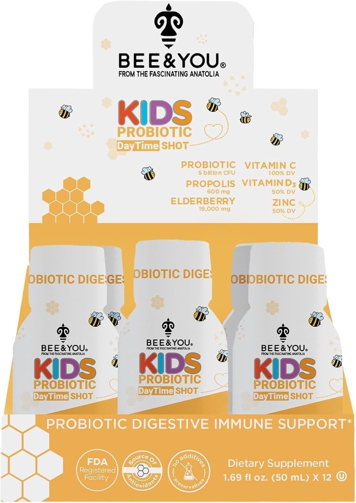 Bee and You Kids Propolis Immune Day Time Shot - Προβιοτική, Βιταμίνη C, Βιταμίνη D3, Ψευδάργυρος, Ανοσολογική Υποστήριξη, Υγεία των Ούλων, Επιπεφυκίτιδα Υγεία, 1,69 fl. oz, 12 Pack