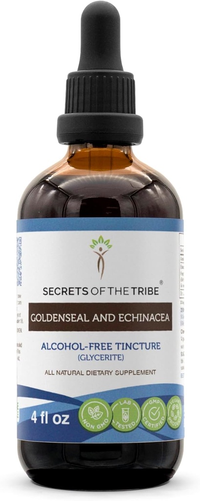Secrets of the Tribe Goldenseal and Echinacea Alcohol-Free Liquid Extract, Herbs (Echinacea Root (Echinacea Purpurea), Goldenseal Root (Hydrastis Canadensis)) Tincture Supplement (4 FL OZ)