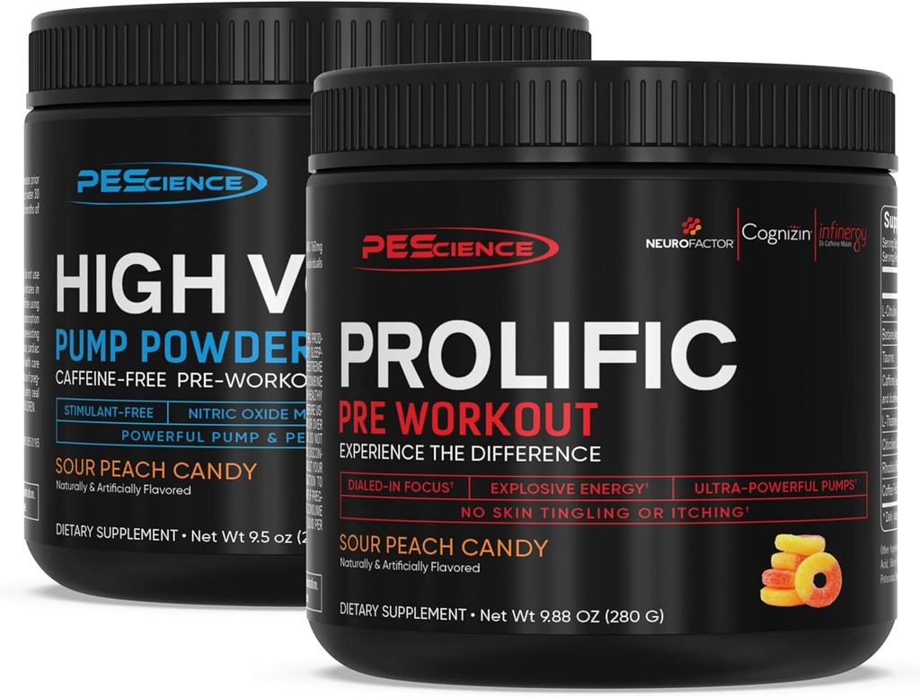 PE Science Pre Workout Stack – Prolific & High Volume, Sour Peach, Nitrik Oksit – 40 & 36 Scoops, L Arginine Nitrate, L Citrulline, Pre Workout Toz for Men & Women