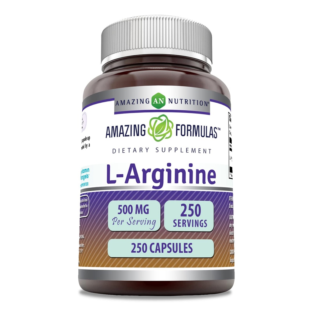 Amazing Formulas L-Arginine Supplement | 500 Mg | 250 Capsules | Amino Asit Supplement for Men & Women | Non-GMO | Gluten Free | Made in USA