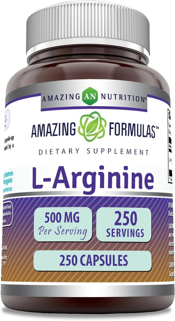 Amazing Formulas L-Arginine Supplement | 500 Mg | 250 Capsules | Amino Asit Supplement for Men & Women | Non-GMO | Gluten Free | Made in USA