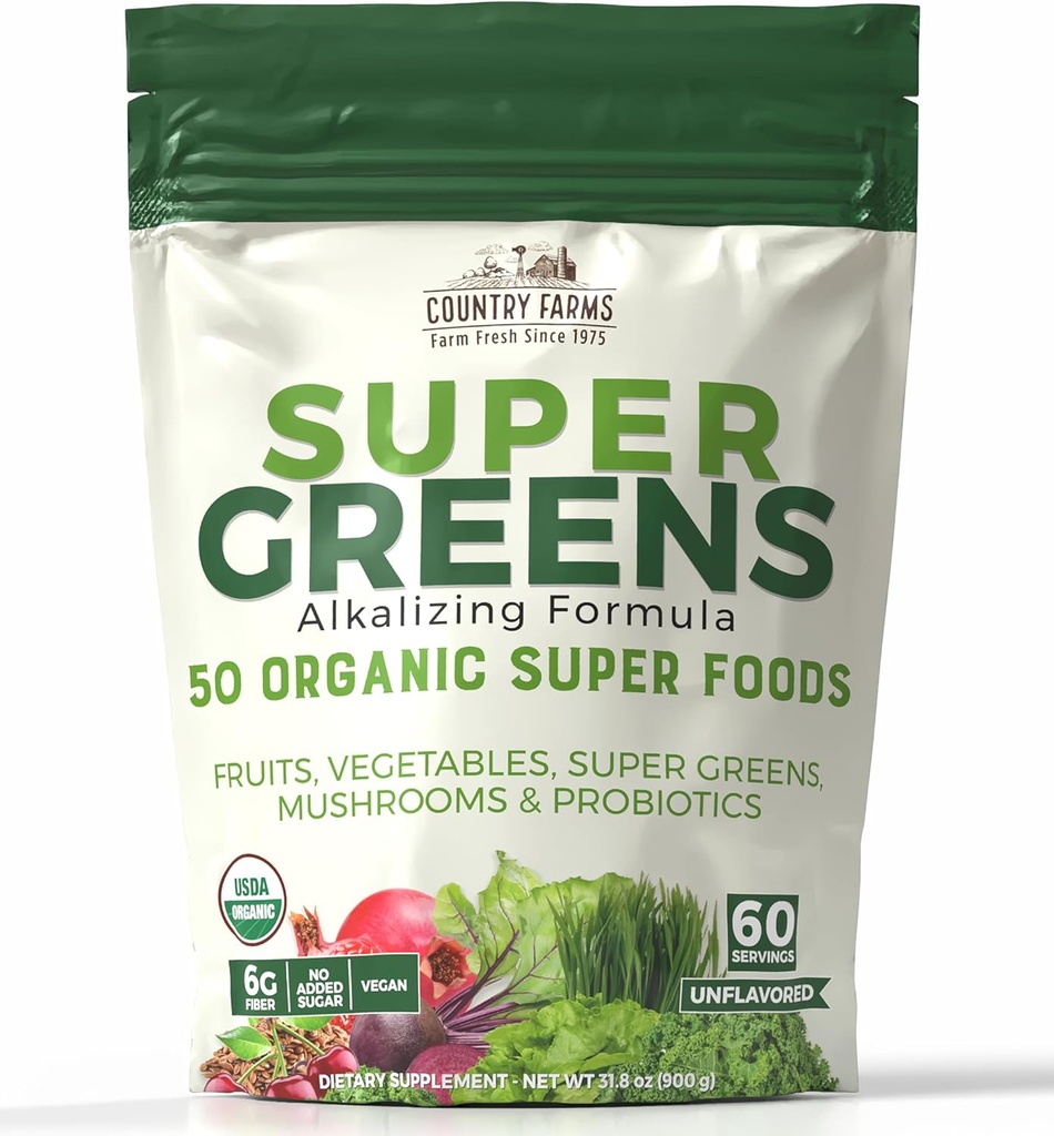 Ülke Çiftleri Super Greens Natural Flavor, 50 Organik Süper Gıdalar, USDA Organik İçecek Mix, Meyveler, Sebzeler, Süper Yeşiller, Fiber, Mushrooms & Probiyotiks, Supports Energy, 60 Hizmetler, 900g