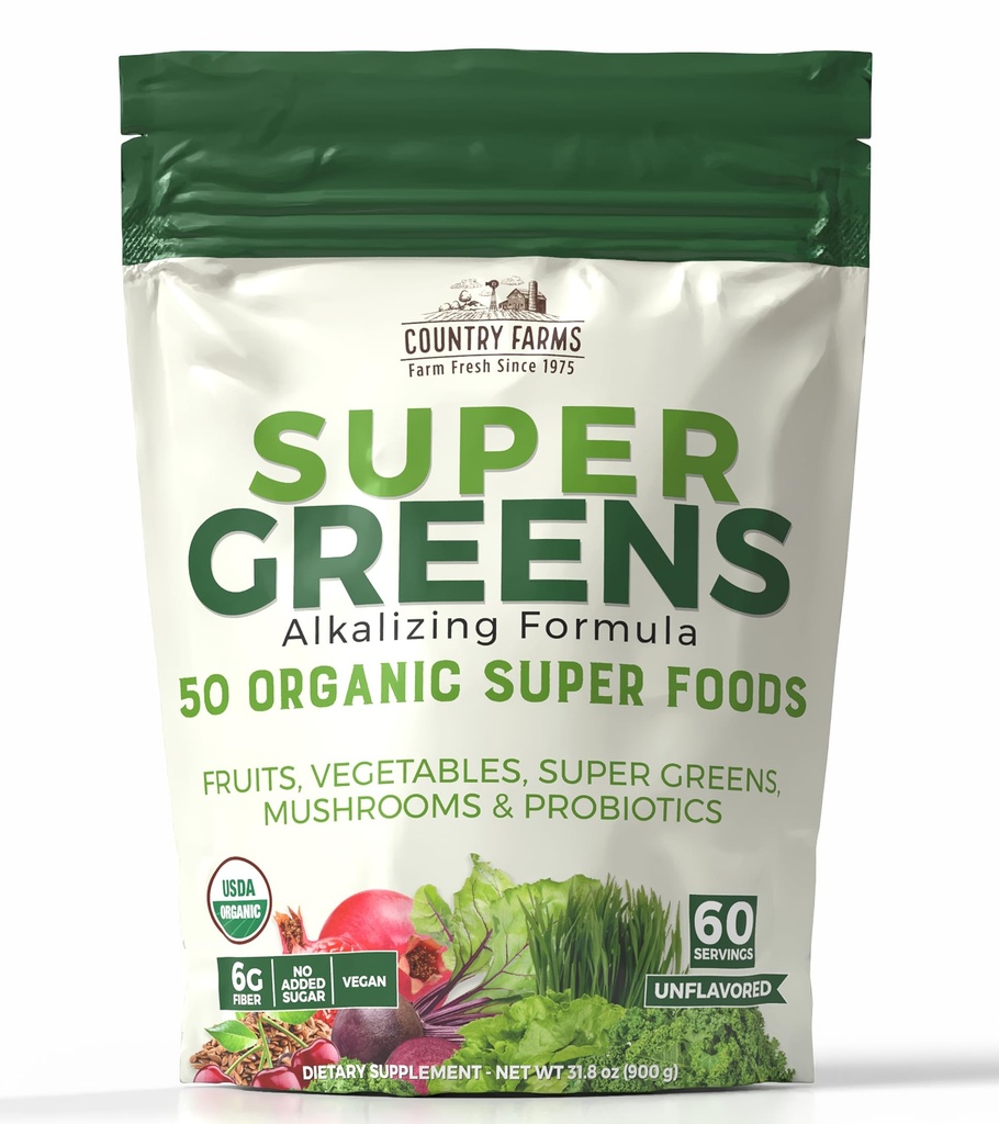 Ülke Çiftleri Super Greens Natural Flavor, 50 Organik Süper Gıdalar, USDA Organik İçecek Mix, Meyveler, Sebzeler, Süper Yeşiller, Fiber, Mushrooms & Probiyotiks, Supports Energy, 60 Hizmetler, 900g