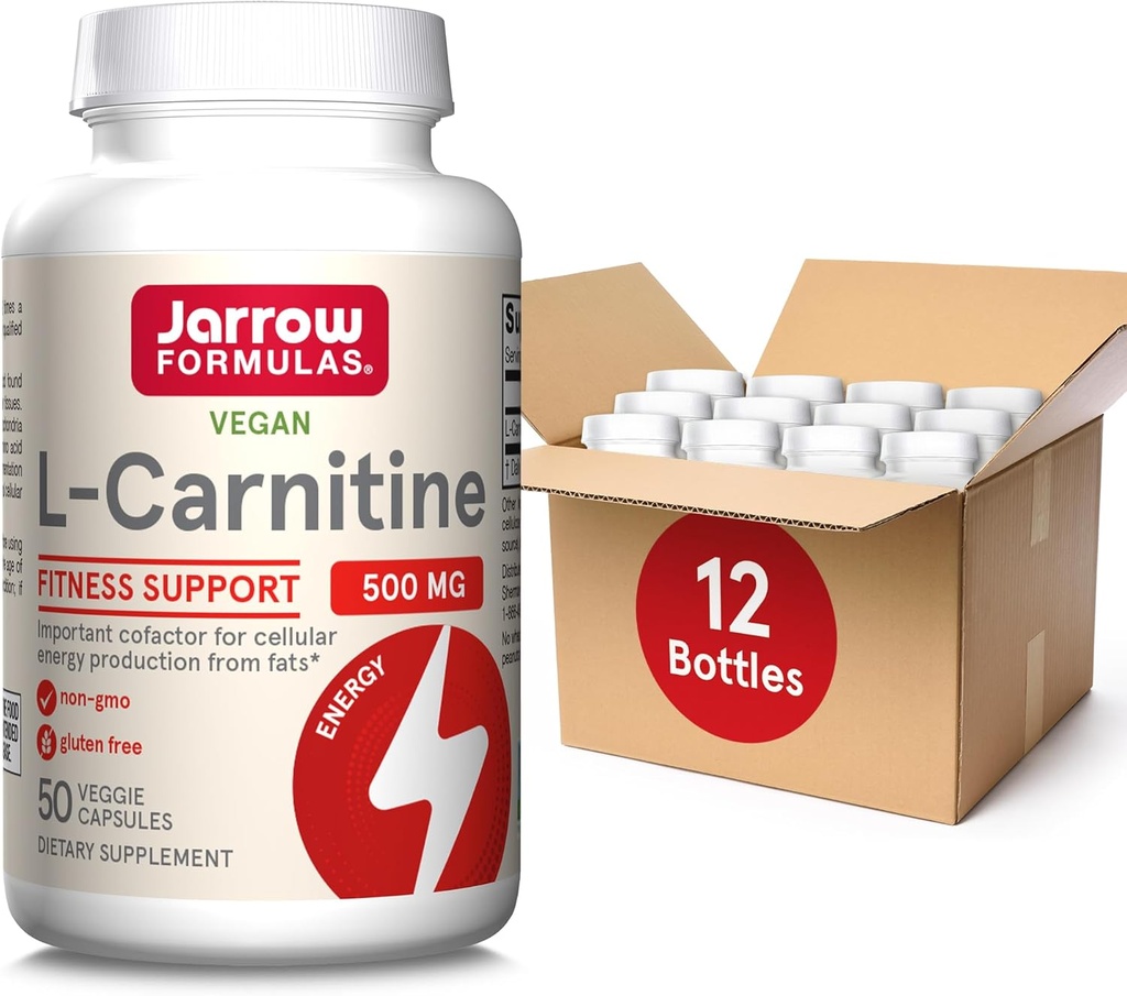 Jarrow Formulas L-Carnitine 500 mg, Diyetsel Tamam, Hücre Enerji Üretimi Desteği, 50 Veggie Capsules, 50 Day Supply Daily (Pack of 12)