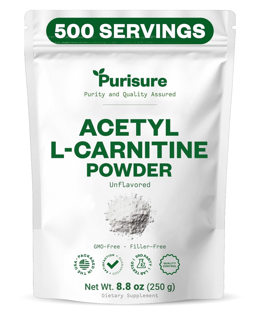 Purisure Acetyl L-Carnitine Toz, 250g, ALCAR Toz, Amino Asit Supplement, Acetyl L-Carnitine Supplement for Better Cognitive Performance and Muscular Endurance, Gluten Free, Non-GMO, 500 Hizmetler