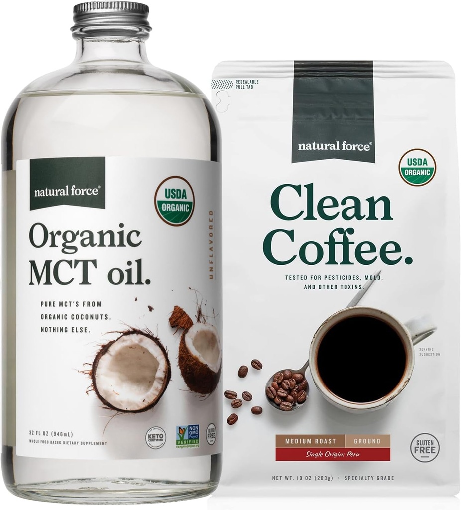 Natural Force Organic Ground Clean Coffee+ Organic MCT Oil Bundle – 100% Καθαρό MCT καρύδας & Μούχλα & Μυκοτοξίνη Δωρεάν καφέ – Μη ΓΤΟ, Κέτο, Παλαιό, και Vegan - 10 Oz Bag και 32 Oz γυάλινη φιάλη