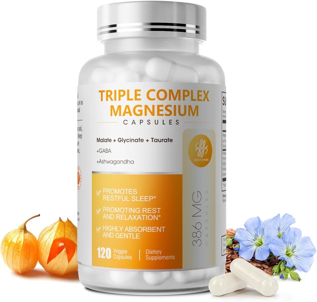 Triple Magnesium Complex - Μαγνήσιο Glycinate, Taurate & Malate συμπλήρωμα με Omega3, Ashwagandha, GABA για τον ύπνο, την καρδιά του εγκεφάλου και τους μυς Υποστήριξη - Υψηλή απορρόφηση και απαλή, Vegan, 120 κάψουλες