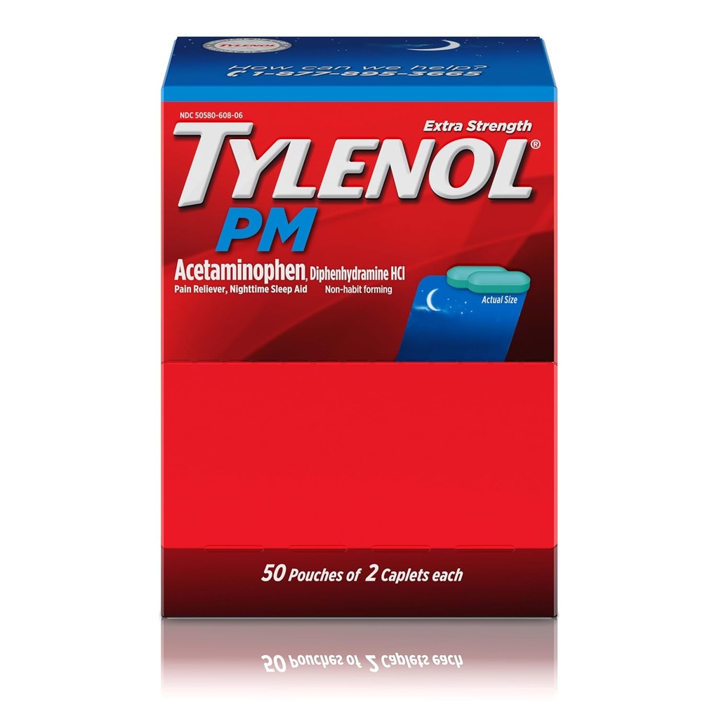 Tylenol PM Extra Strength Nighttime Pain Reliever Sleep Aid Caplets with Acetaminophen & Diphenhydramine HCl, Nighttime Aches & Pains, Travel Dimension, 50 Packs of 2 Caplets
