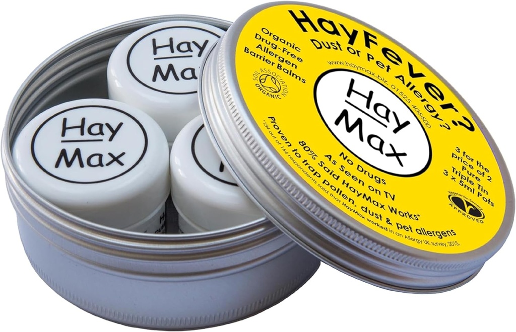 HayMax Allergen Barrier Balm Triple Tin Pure - 3 - Organik, Doğal ve Sigarasız Hay Ateş & Antilerji Balm - Tuzaklar, Dust & Diğer Allergen Parçacıkları - Nose & Eyes Hakkında Uygulama