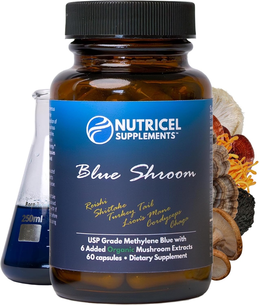 Nutricel M Ramsey Blue Capsules with Mushroom Extracts: Lion's Mane, Reishi, Cordyceps, Chaga, Shiitake, Türkiye Tail - Trusted Made in America Brand - 7mg (USP Referans Compliant) (60ct)