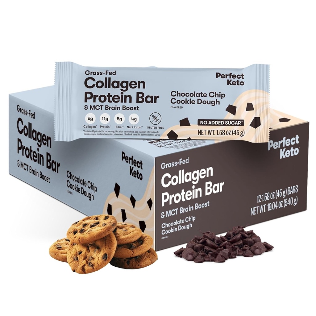 Mükemmel Collagen protein Bars, Gluten Free Grass Fed Collagen + MCT Petrol, Low Carb, Hayır Şeker eklendi, Yüksek Protein Snacks, Keto Diyet Gıdaları, 11g Protein, 18g Fat, 3g Net Carbs, Chocolate Chip, 12 Bars