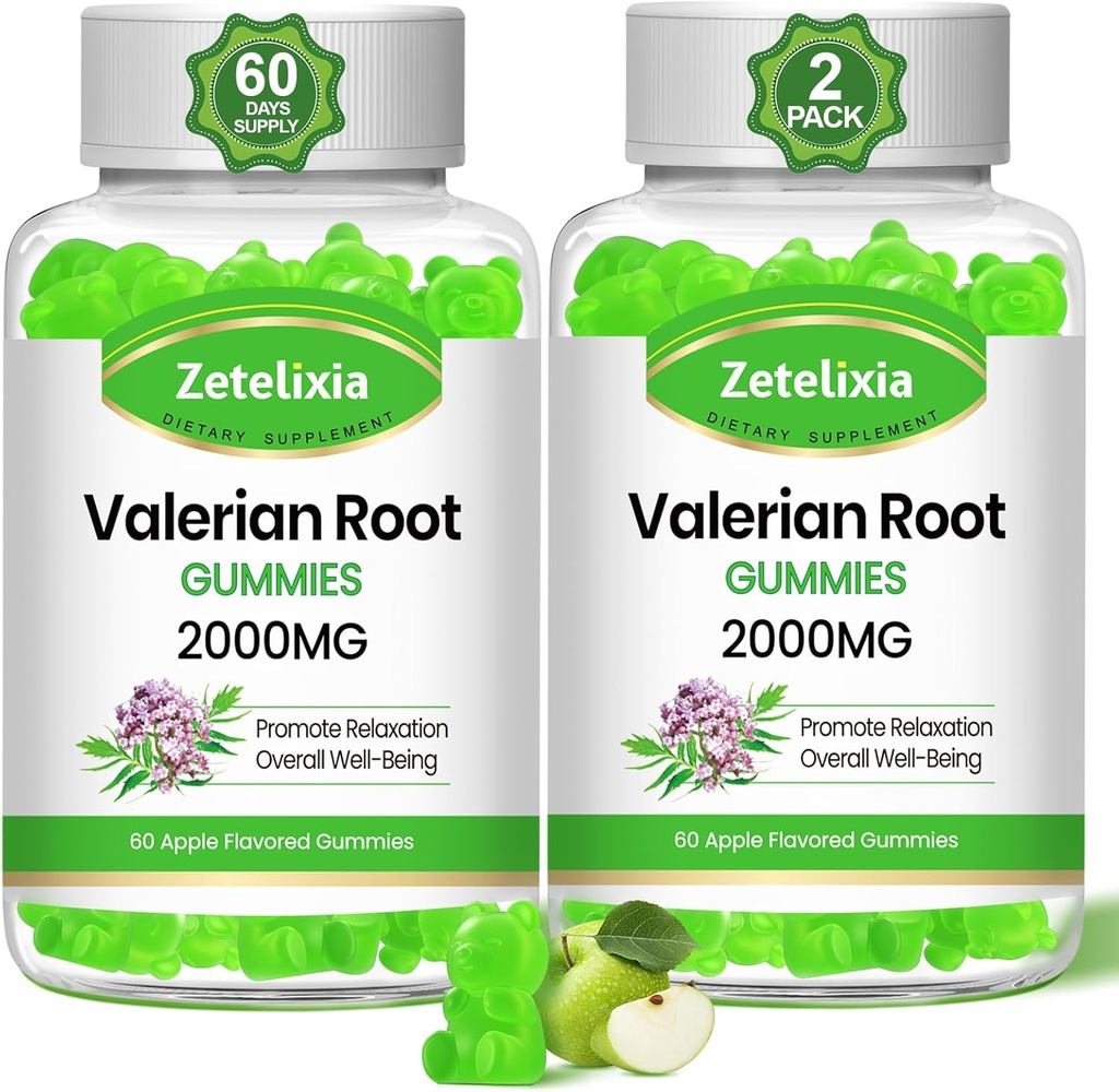 2 Pack Organik Valerian Root Gummies, Herbal Supplement for Relaxation & Mood Support, Sleep Gummies Without Melatonin for Yetişkinler, Vegan, Non-GMO, Apple Flavor, 120 Count