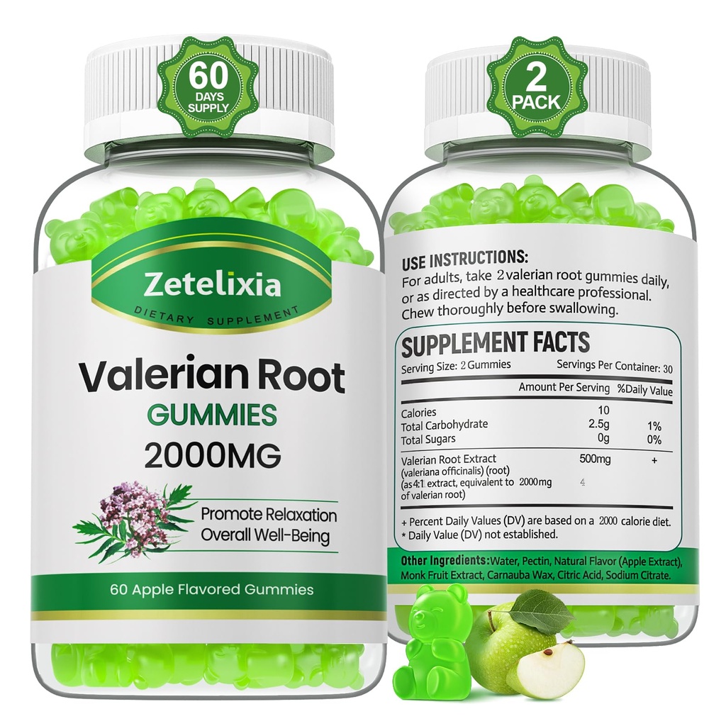 2 Pack Organik Valerian Root Gummies, Herbal Supplement for Relaxation & Mood Support, Sleep Gummies Without Melatonin for Yetişkinler, Vegan, Non-GMO, Apple Flavor, 120 Count