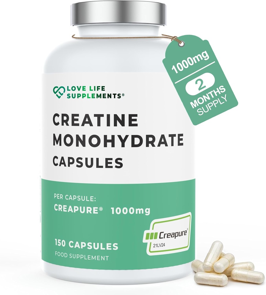 Love Life Supplements Krepure® Kretine Monohidrat, 150 Capsules, 1 Gram per Capsule (t Toz veya Tablet değil), 30-50 Servisler, Kas Binası, Güçlü ve Güç Çıktıları için, 3. Parti Test Edildi