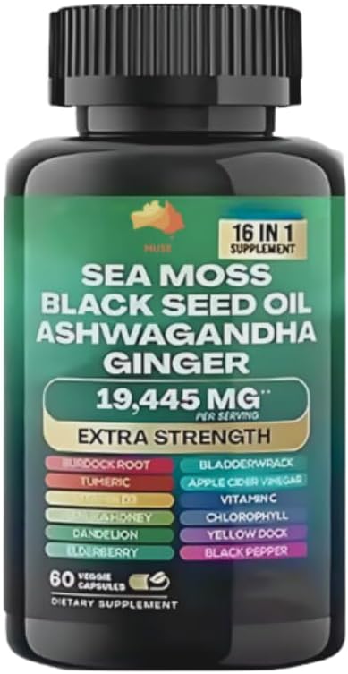 Muse Sea Moss, Black Seed Oil, Ashwagandha, Ginger, Shilajit, Elderberry, Chlorophyl, Turmeric, Bladderwrack, Advanced Strength Gummies, 19,445mg, All-in-1 Bundle, 60 Count, Made in USA