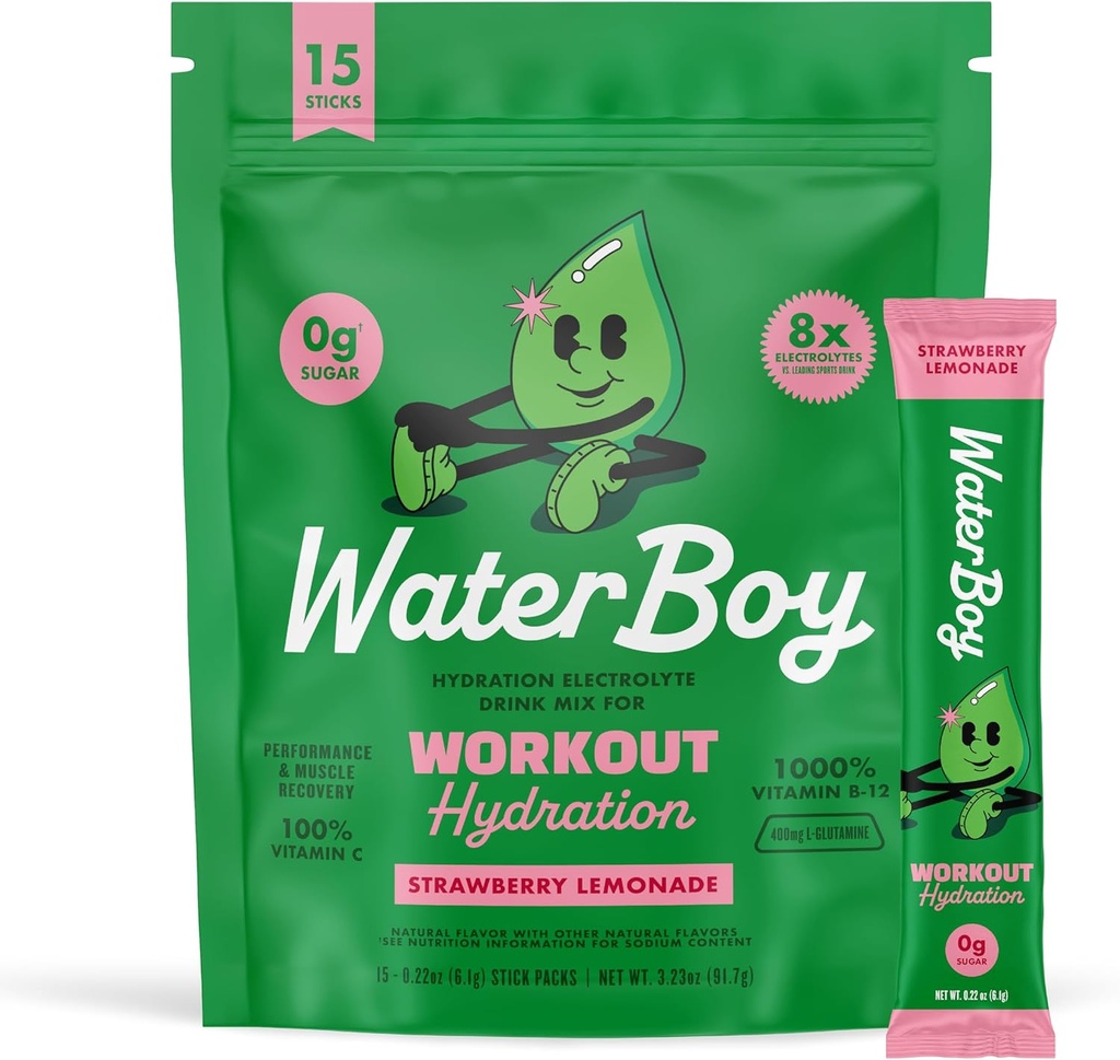 Waterboy Workout Hydration | 2,960mg Sugar Free Electrolyte Toz Paketleri | L-Glutamine + Vitaminler | No Sugar, All Natural, Gluten Free | 15 Iklim Mixes (Strawberry Lemonade)