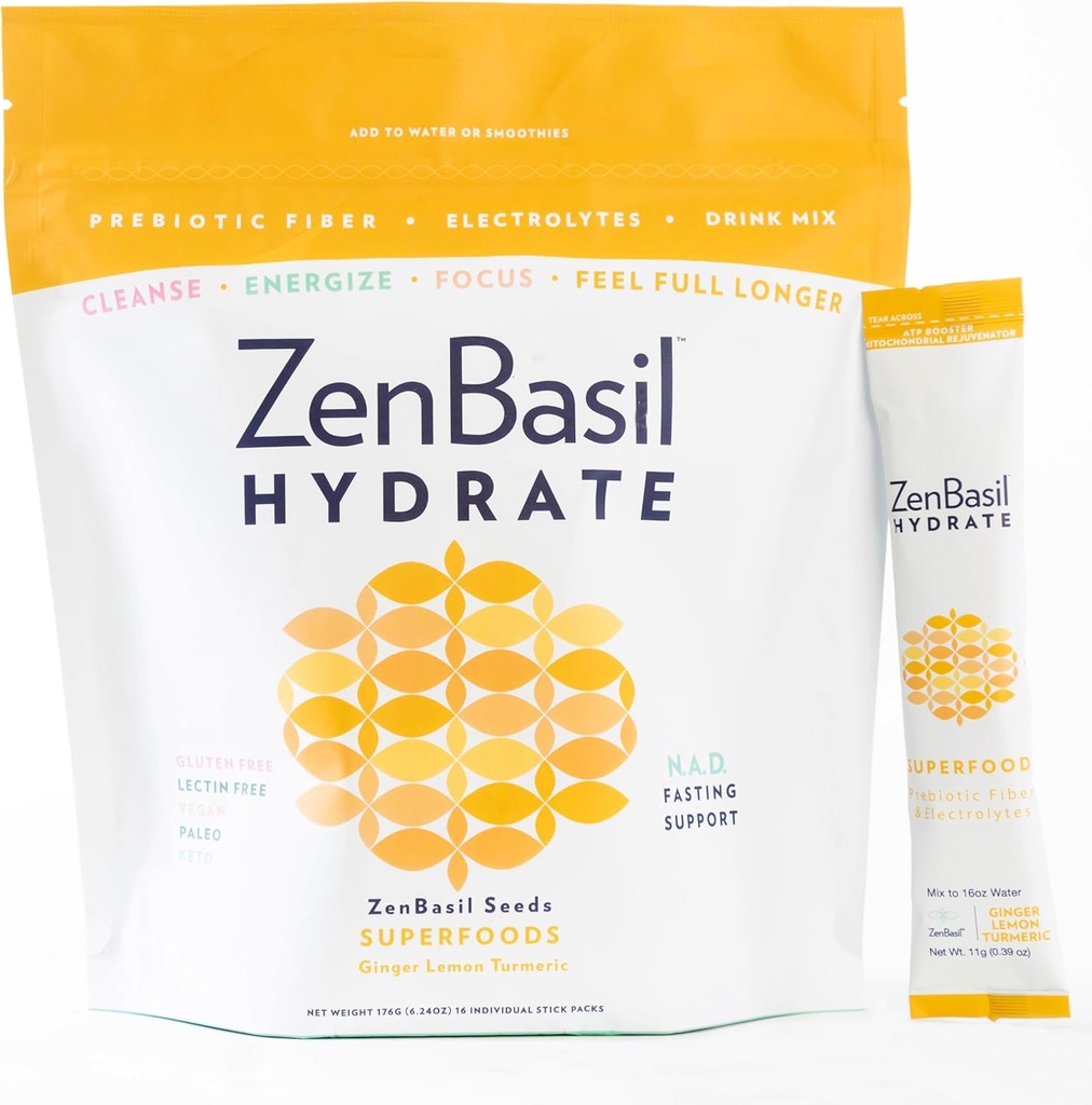 Zen Basil Hydrate - Ginger Lemon Turmeric | Electrolyte Hydration Toz Paketleri | Hızlı Destek | Sugar Free, Keto, Paleo | 16 Sticks | Hücreler Hydration