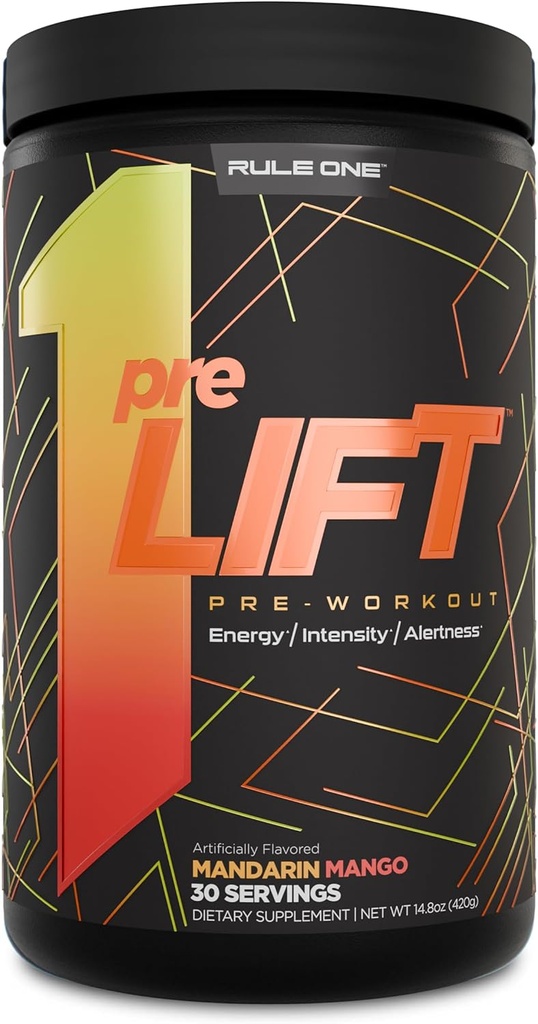 Rule 1 preLIFT Pre-Workout - 6g Citrulline, 3.2g Beta Alanine, 3 Caffeine Sources + 20 Others for Energy, Alertness, & Endurance (30 Servings, Mandarin Mango)