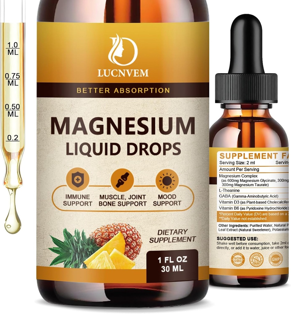 (2 Pack) Magnezyum Glycinate Liquid Drops with Citrate and Taurate, High Abors Magnezyum Complex 1200 mg with GABA, L-theanine, D3 ve B6 Calm, Sleep, Relaxation - Pineapple Flavor 2 Fl Oz
