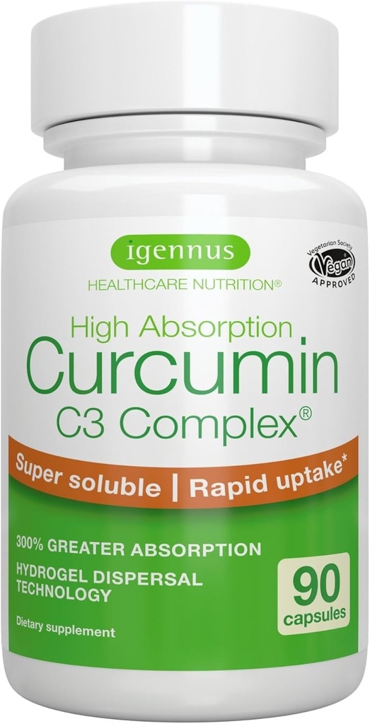 Igennus Advanced Curcumin C3 Kompleksi,% 300 Greater Abors & Rapid Uptake,% 95 Standartlaştırılmış Ekstraksiyon, 90 Hizmet, Temiz Etiket, Vegan Supplement, 1-a-Day, 90 Capsules