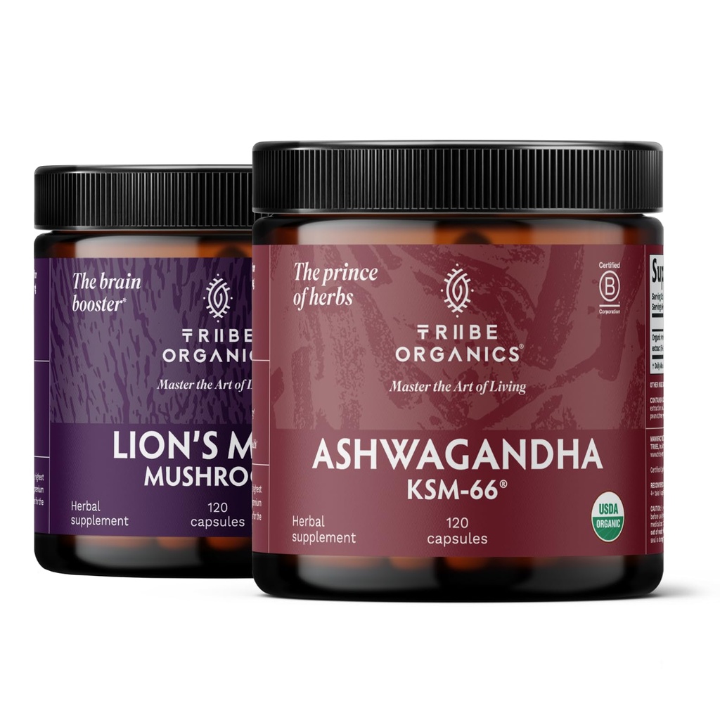 TRIBE ORGANICS NOOTROPIC Duo - KSM66 Ashwagandha + Organik Aslan'ın Mane - Odanın Ötesinde, Zihinsellik ve Zihin Sağlığı