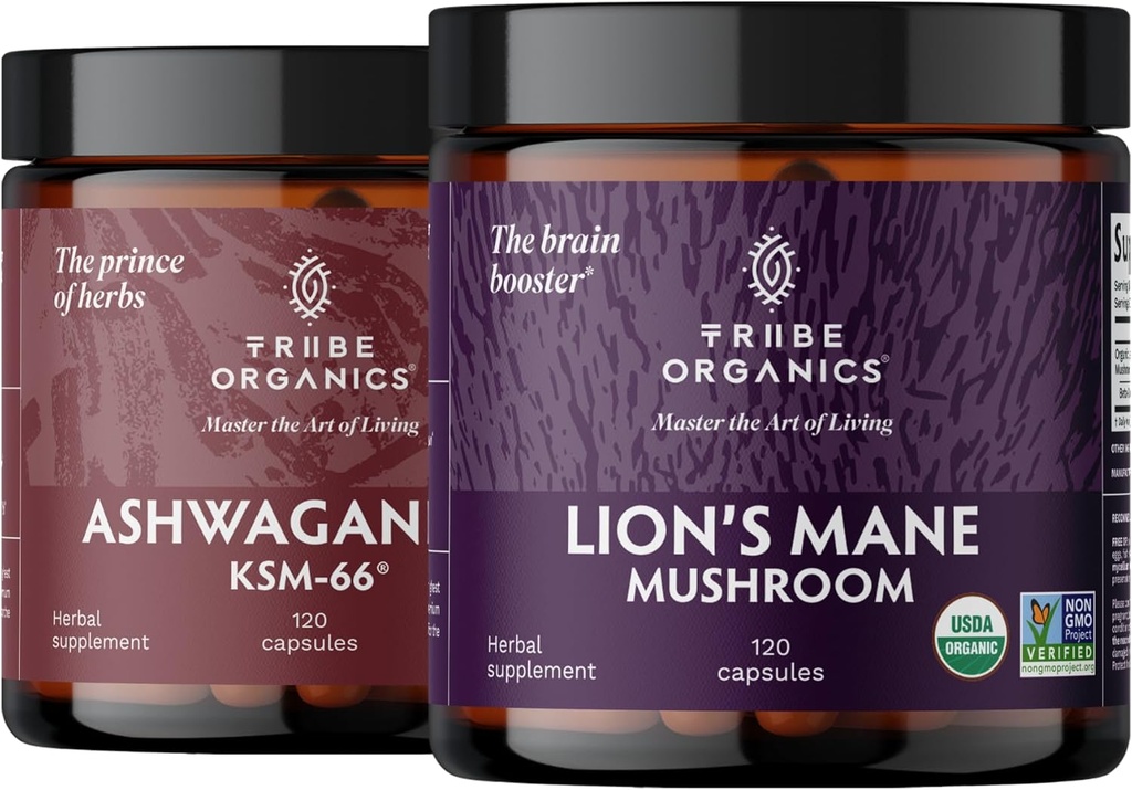 TRIBE ORGANICS NOOTROPIC Duo - KSM66 Ashwagandha + Organik Aslan'ın Mane - Odanın Ötesinde, Zihinsellik ve Zihin Sağlığı