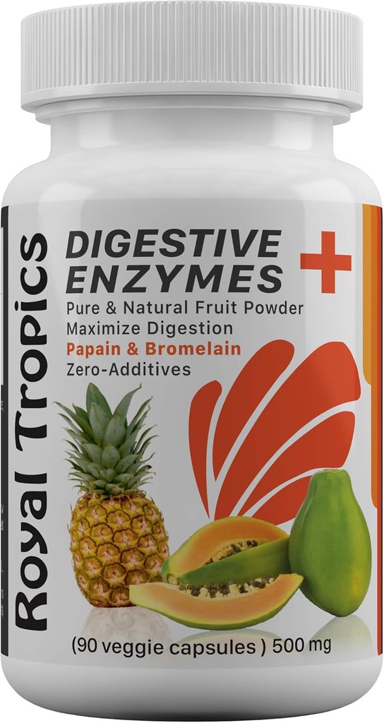 Royal Tropics Digestive Enzyme Supplements - Χορτοφαγική Φόρμουλα με Πράσινο Παπάγια Προστέθηκε Bromelain Acid Reucer για το τέλειο Veggie 90 Κάψουλες 500 mg