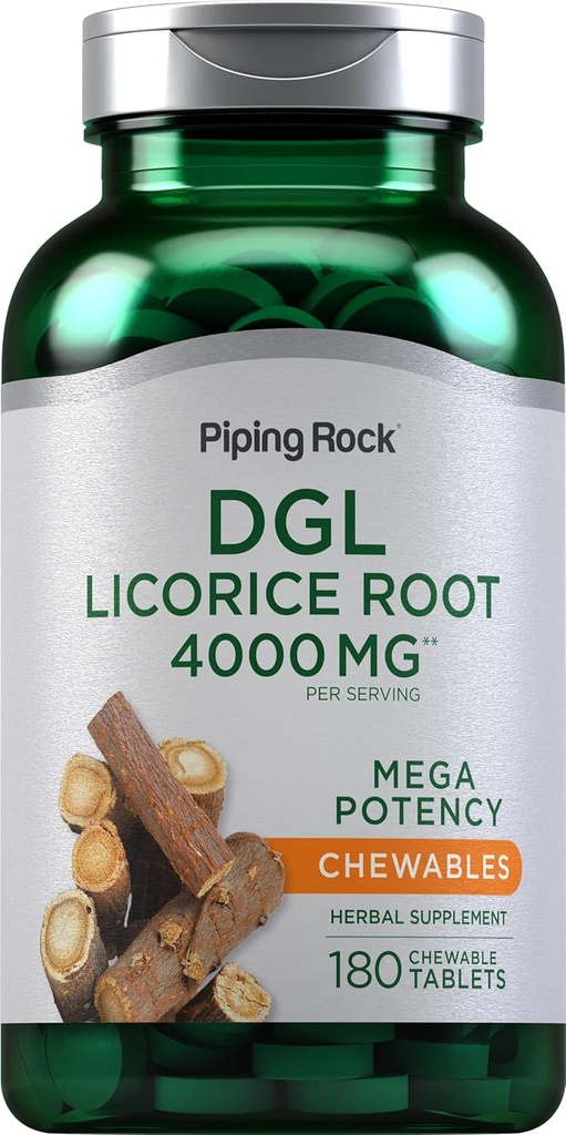 Piping Rock DGL Licorice Chewable Tabletler 4000 mg | 180 Kont | Mega Potency Deglycyrrhizinated | Herbal Extract Supplement | Vegetarian, Non-GMOMOMO