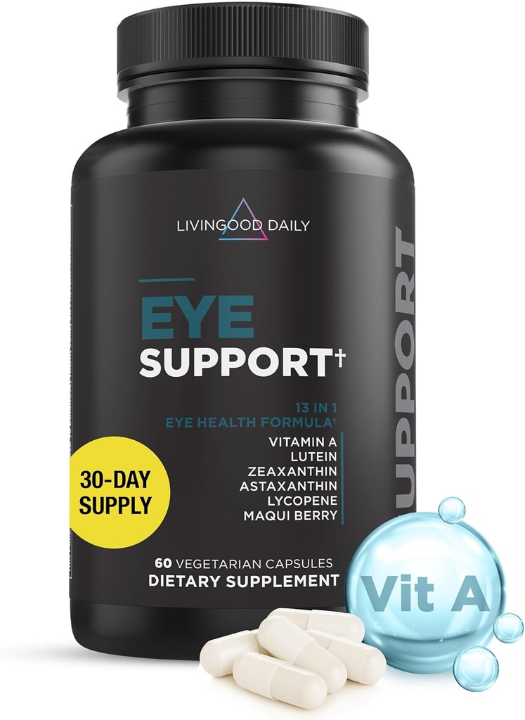Livingood Daily Eye Support, 13-in-1 Συμπλήρωμα Οράματος με Λουτεΐνη, Ζεαξανθίνη, Ασταξανθίνη, Βιταμίνη Α, Λυκοπένιο, Μακί Μπέρι & Περισσότερα, Προάγει Υγιή Μάτια, Προστασία Μπλε Φωτός, Vegan, 60 Κάψουλες