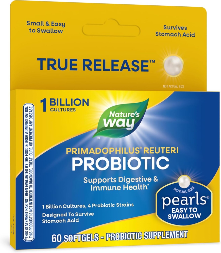 Nature's Way Primadofilius Reuteri Probiyotik Pearls for Men and Women, Digestive and Immune Health*, 1 Milyar Kültür, 4 Probiyotik Strains, Survives Stomach Acid, 60 Softgels