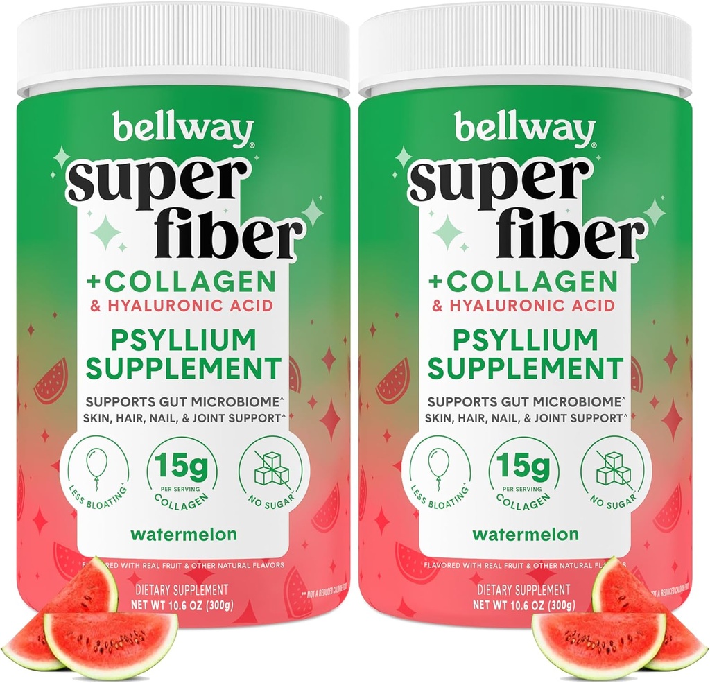 Bellway Super Fiber Toz + Collagen (2 Pack), Sugar-Free Psyllium Husk Toz Collagen Peptides ve Hyaluronic Asit for Gut Health, Sağlıklı Skin, Nails, Bones & Commons, Watermelon (21.2 oz)