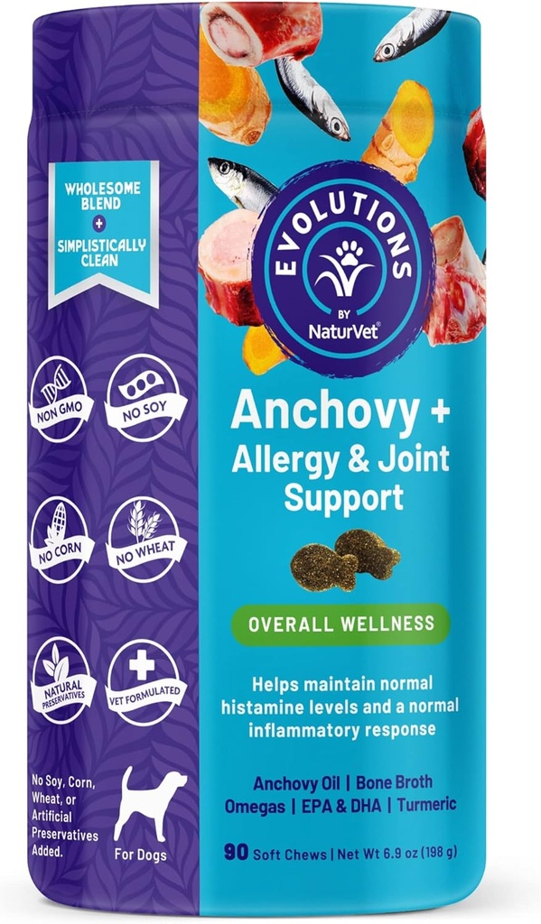 NaturVet Evolutions Anchovy + Αλλεργία & κοινή υποστήριξη 90ct μαλακά μάσημα για τα σκυλιά - γαύρος Oil, Broth οστών - βοηθά στη διατήρηση φυσιολογικά επίπεδα ισταμίνης - βοηθά στην υποστήριξη Κανονική φλεγμονή απάντηση