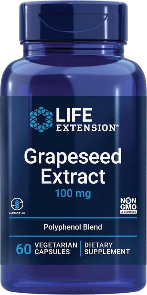 Life Extension Grapeseed Extract, C,uba, resveratrol, polifenols, Cardiovascular Health, antioksidan Koruma, Gluten-Free, Non-GMO, Vegetarian, 60 Capsules