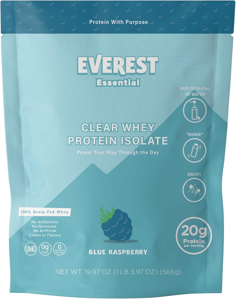 Everest Essential, 100% Grass-Fed Protein Powder (20 μερίδες), Blue Raspberry, Zero Sugar, Λακτόζη-ελεύθερο, Ηλεκτρολύτη-Εγκατάσταση, Grass-Fed Whey Protein Isolate, Φυσική Γεύση, 20g πρωτεΐνη ανά υπηρεσία