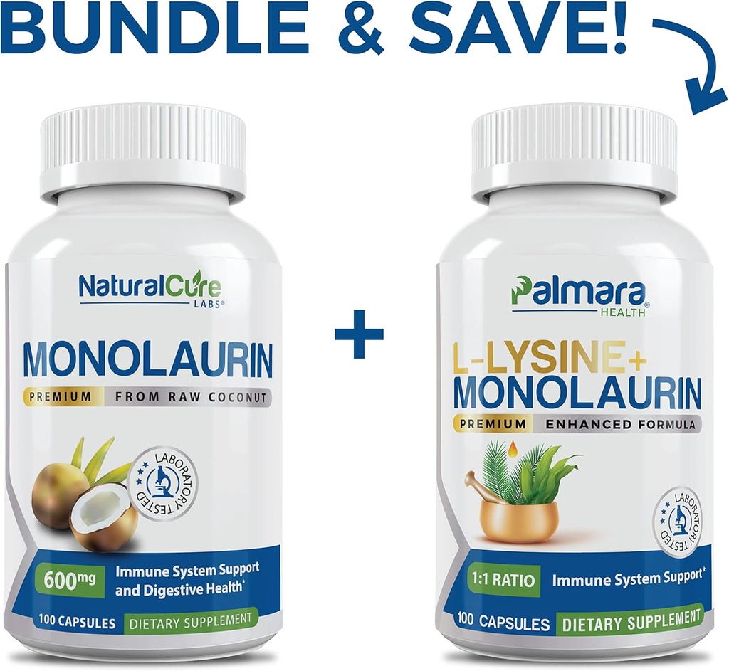 Φυσικό πακέτο εργαστηρίων θεραπείας: Premium Monolaurin 600mg + L-Lysine + Monolaurin 1:1 Ratio