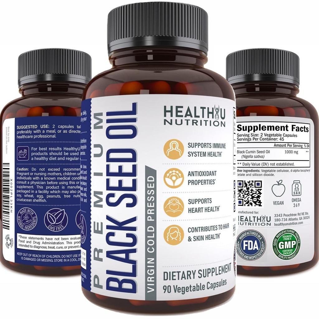 Premium Black Cumin Tohum Yağ Kapsülleri - Virgin Cold Pressed Nigella Sativa Black Tohum Yağ Pills - Immune Support Supplement - Omega 3 6 9 Vitamin E Blackseed for Nails Hair Skin 1000 mg p /Serving