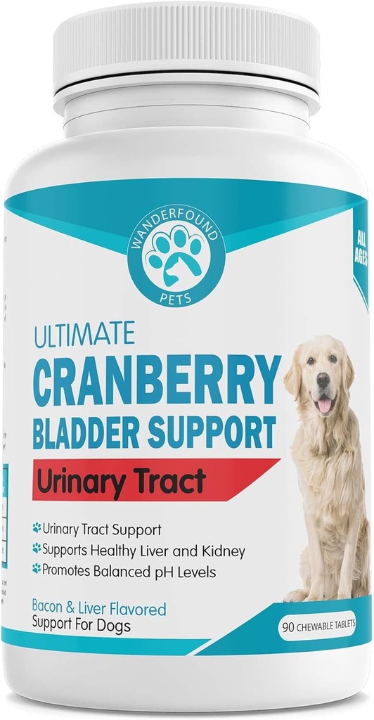Wanderfound Pets Ultimate Cranberry Bladder UTI Support Supplement for Dogs - Dog Urinary Tract Enfeksiyonu Incontinence Formula with Cordyceps Mushroom - Bacon & Liver Flavor - 90 Chewable Tabletler
