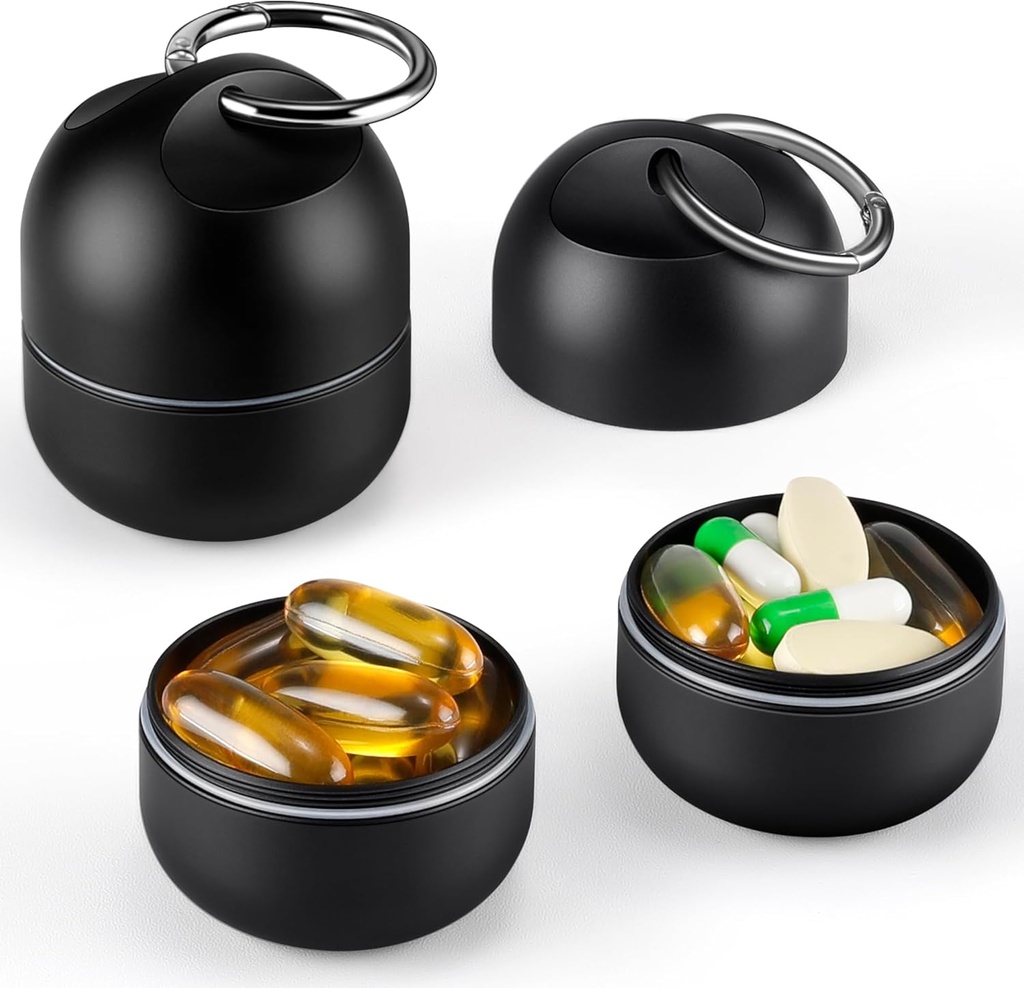Zannaki Small Portable Single Pill Box Keychain - Metal Daily Travel Pill Organizer Case, Waterproof Pill Holder Bottle, Cute Medicine Vitamin Supplement Container Carrier for Pocket or Purse, Black