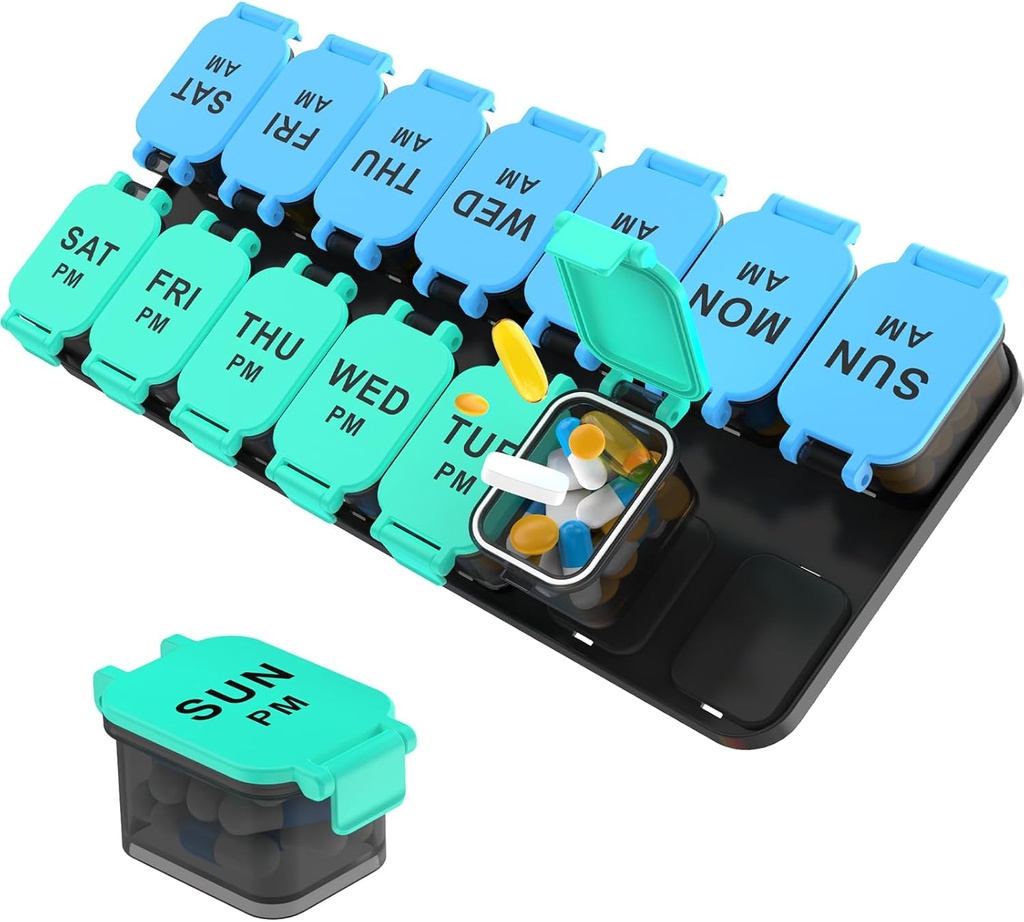 Büyük 7 Gün Pill Organizer, XL AM PM Two a Day Medicine Storage Box, Big 2 Week Pill Holder for Pills, Vitamins & Supplements, Travel Pill Case for Drug(Mavi++) Cyan)