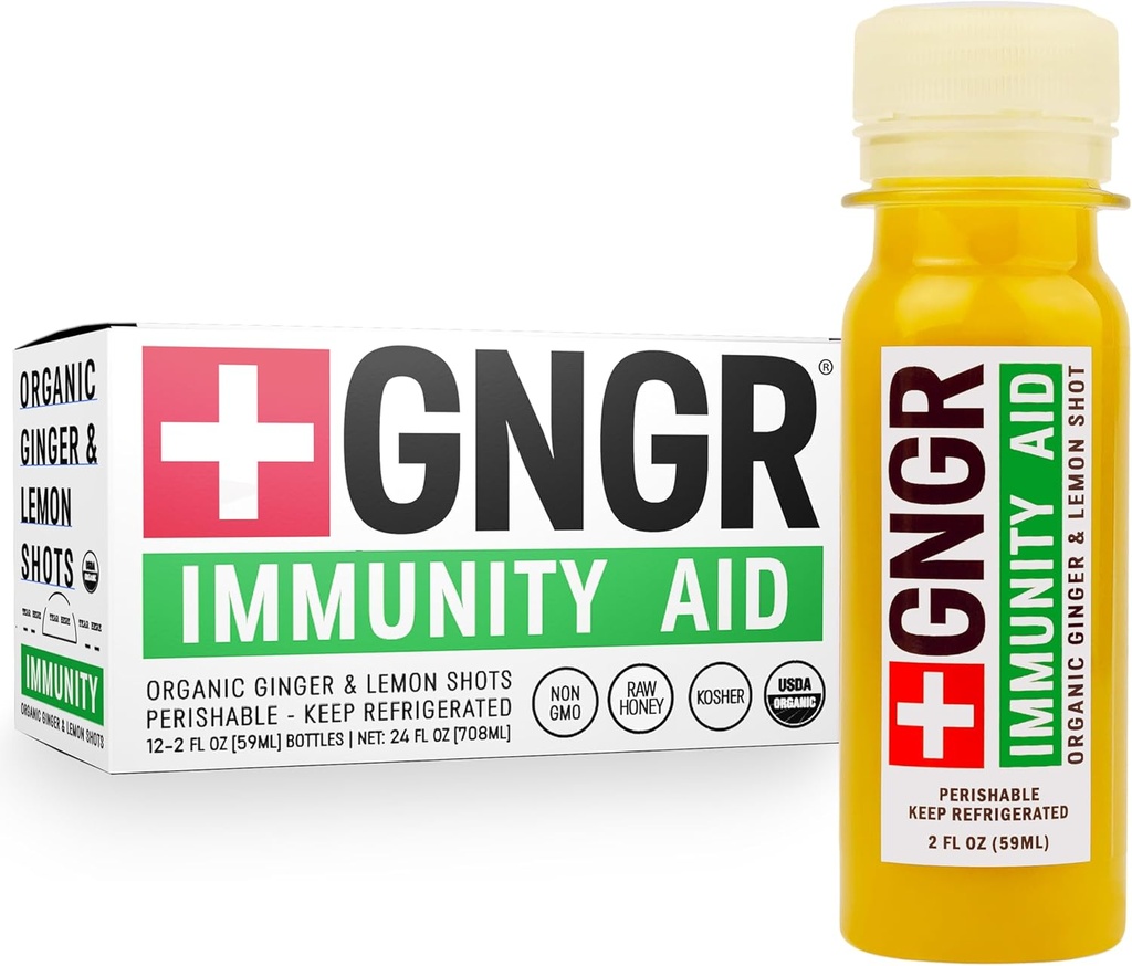 +GNGR Immunity Aid Organic Ginger, Lemon & Honey Shot - Cold Pressed Ginger Shots with Echinacea, Lemon Juice, Honey, Zinc & Vitamin D3, Immune & Digestive Support 2 fl oz (Pack of 12)