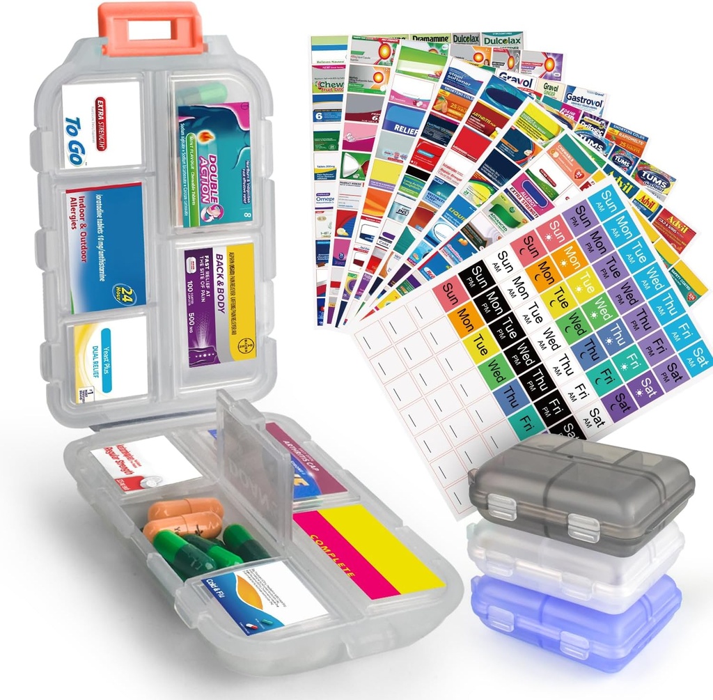 3 Adet DIY Seyahat Pill, Etiketler Pocket Eczanesi, 3 Pill Box & 420 Tıp Etiketler, Portre Travel Essentials Mini Pill Konteyner 7 Günlük Pill Case Storage Vitamin Balık Yağı (Set A)