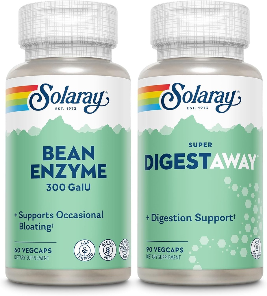 SOLARAY Bean Enzyme and Super Digestaway - Digestive Enzymes Bundle - Alpha Galactosidase, Papain, Ginger, Pepsin, Betaine HCl, Aloe Vera and More - Digestion and Nutrient Absorption Support, 60/90ct
