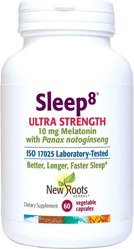 NEW ROOTS HERBAL Natural Sleep Supplement, 8-in-1 Ultra-Strenth Formula with Passion Flower, Chamomile, Hops, Panax Gingseng, Skullcap, Magnezyum, 10 mg Melatonin (60 Veg Caps)